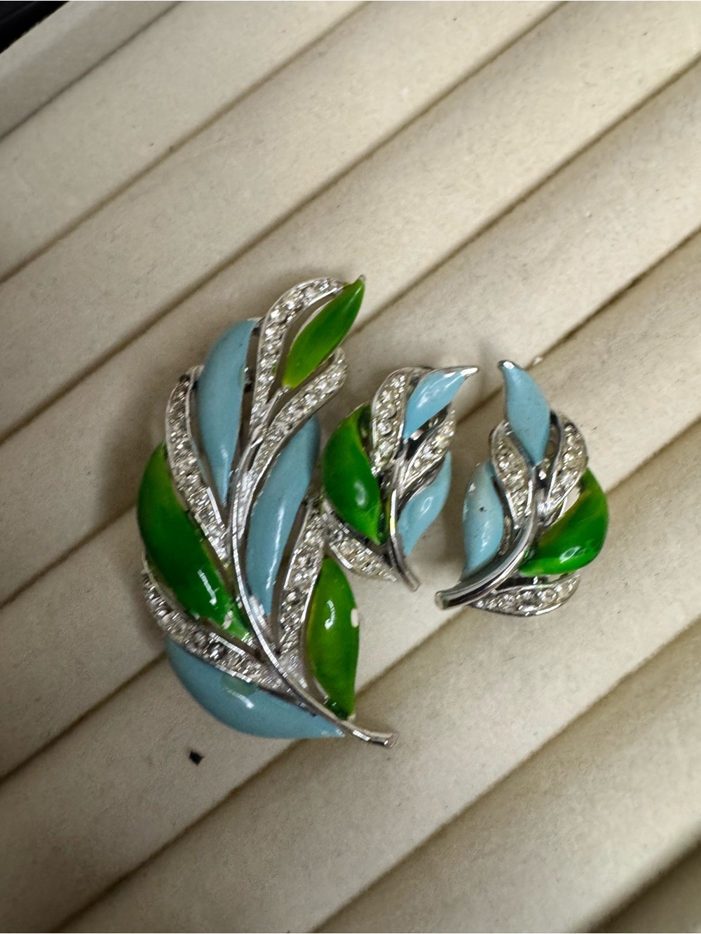 Vintage  Blue and Green Leaf Brooch and Earring Set
